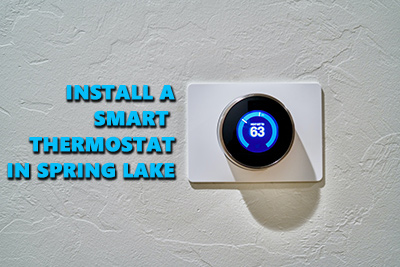 Install a smart thermostat in Spring Lake in blue font next to a smart thermostat showing a temperature of 63